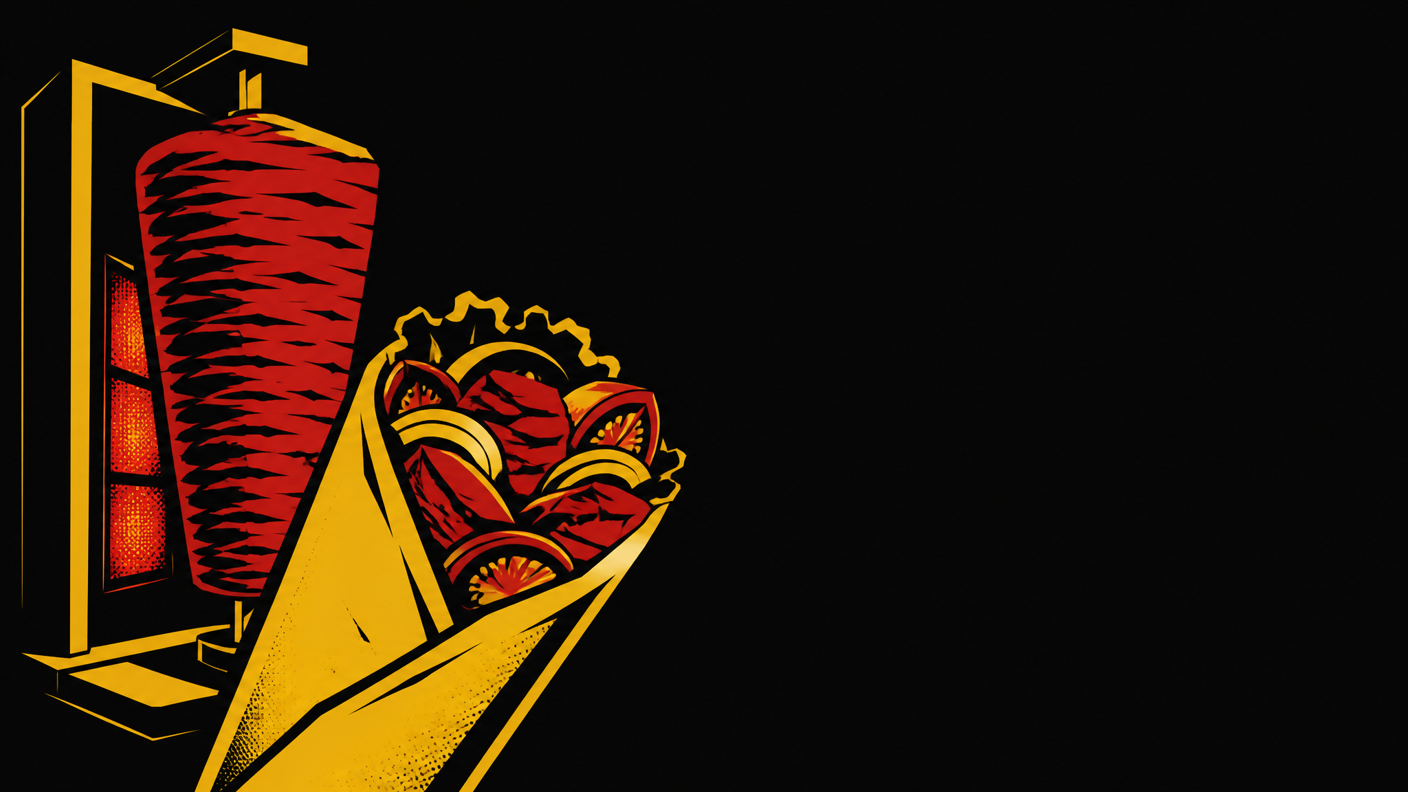 Graphic illustration of a döner kebab wrap and vertical spit